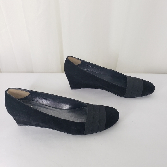 Stuart Weitzman black suede wedge elastic fabric wrap round toe 8.5 NARROW - Picture 2 of 9